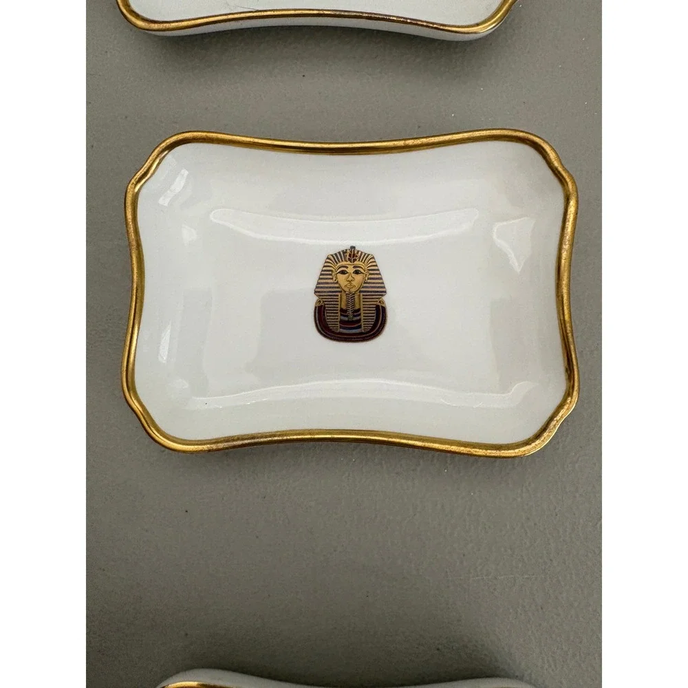 VTG Coalport Bone China Trinket Dish Set Egyptian King Tut Pharaoh Gold Gilt Rim